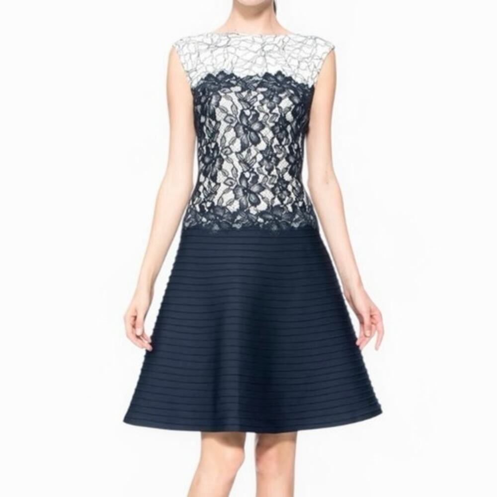 Tadashi Shoji Lace Overlay Dress‎ Navy Ivory Size 14 Elegant Cocktail